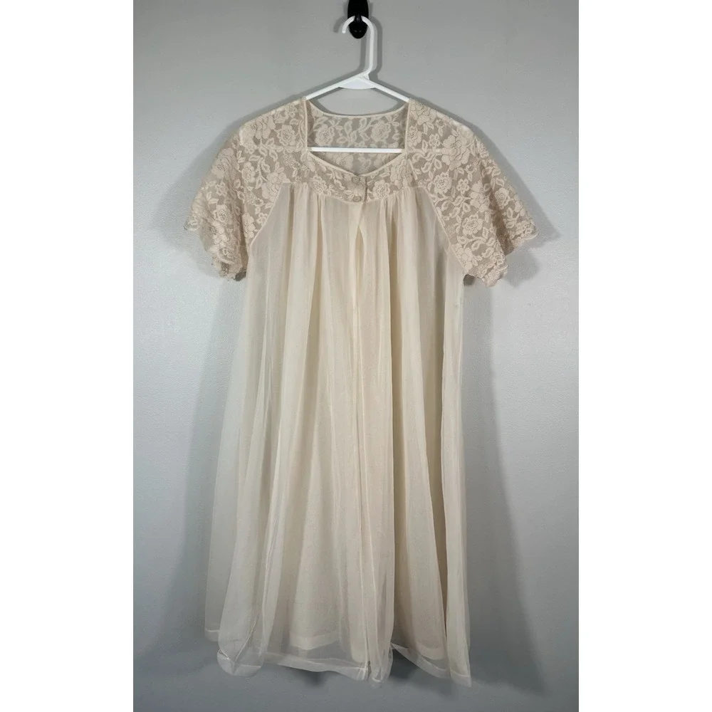 Vintage Lorraine Robe Womens Medium Beige 50s 60s Pegnoir Lace Read - Picture 1 of 11